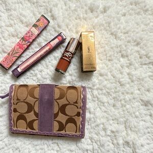 Y2K Coach Signature Monogram Stripe Purple Lavender Beige Wallet.